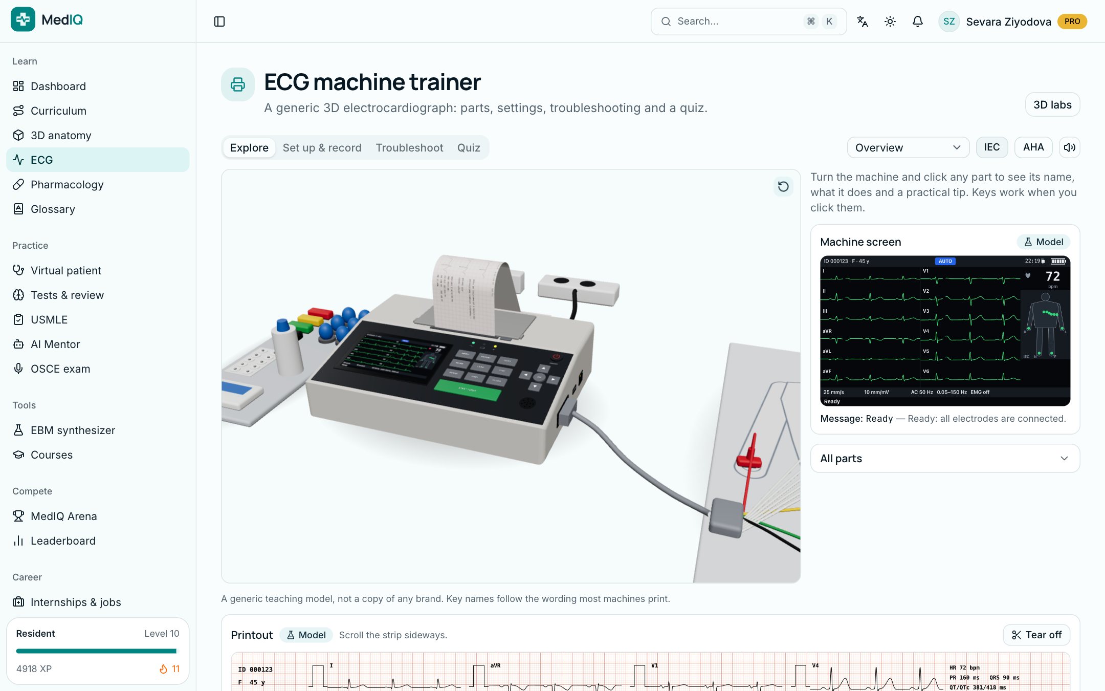 ECG machine trainer: a screen of the MedIQ ECG course