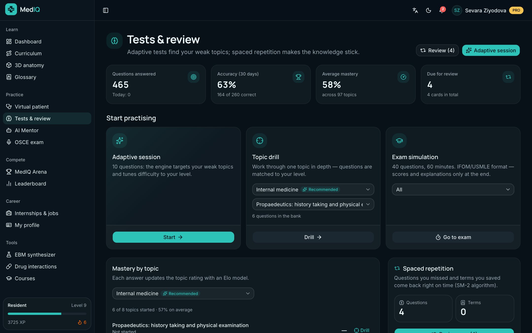 MedIQ app screen: Tests, ranking and careers