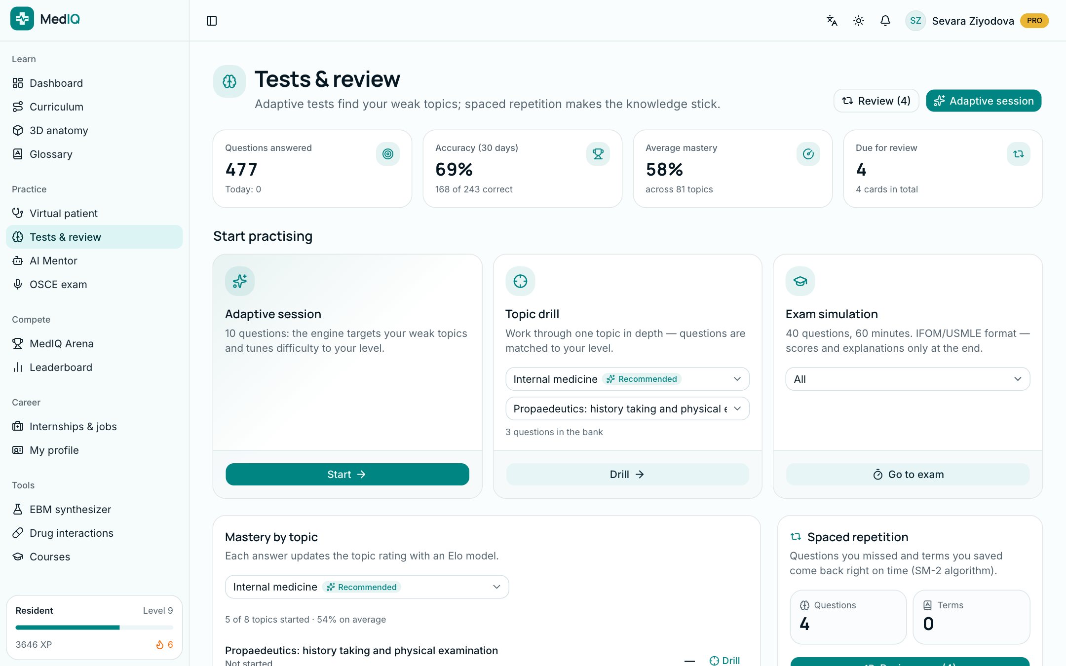 MedIQ app screen: Tests, ranking and careers