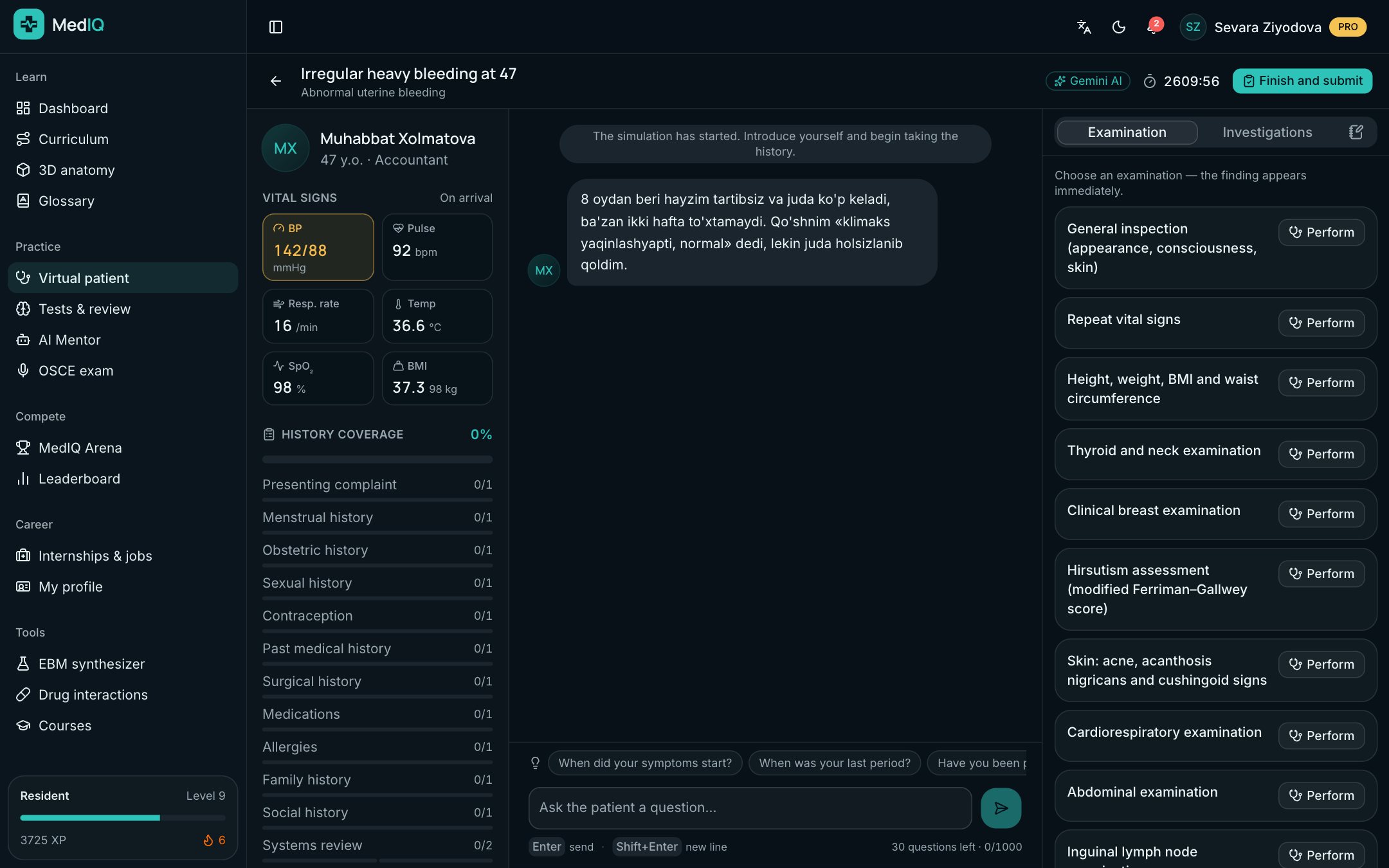 MedIQ app screen: Virtual patient and OSCE