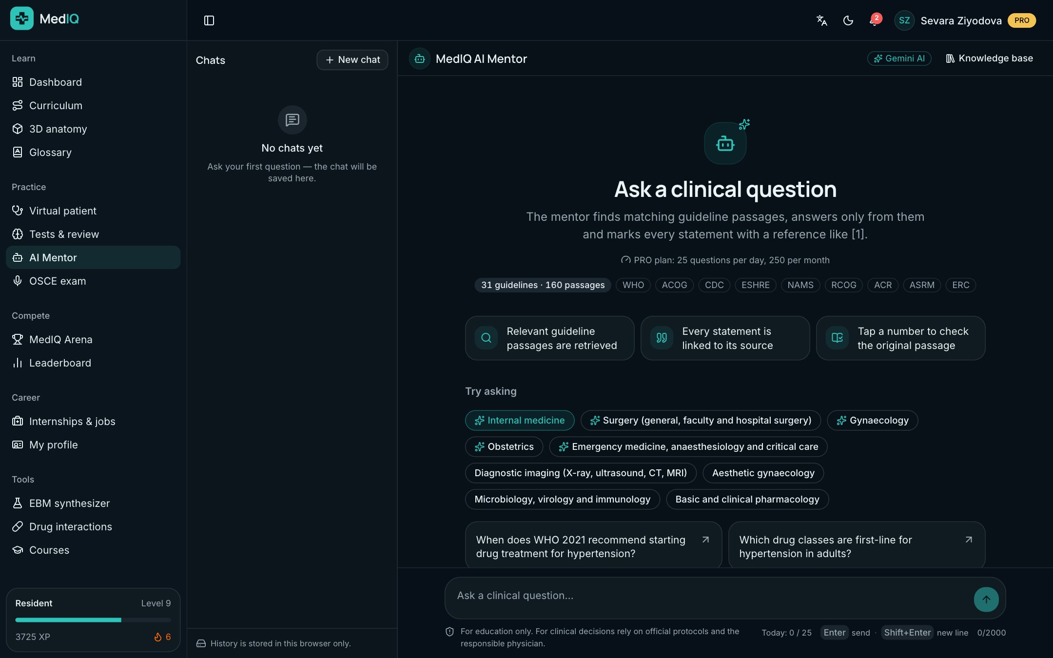 MedIQ app screen: Sourced answers, from clinical guidelines
