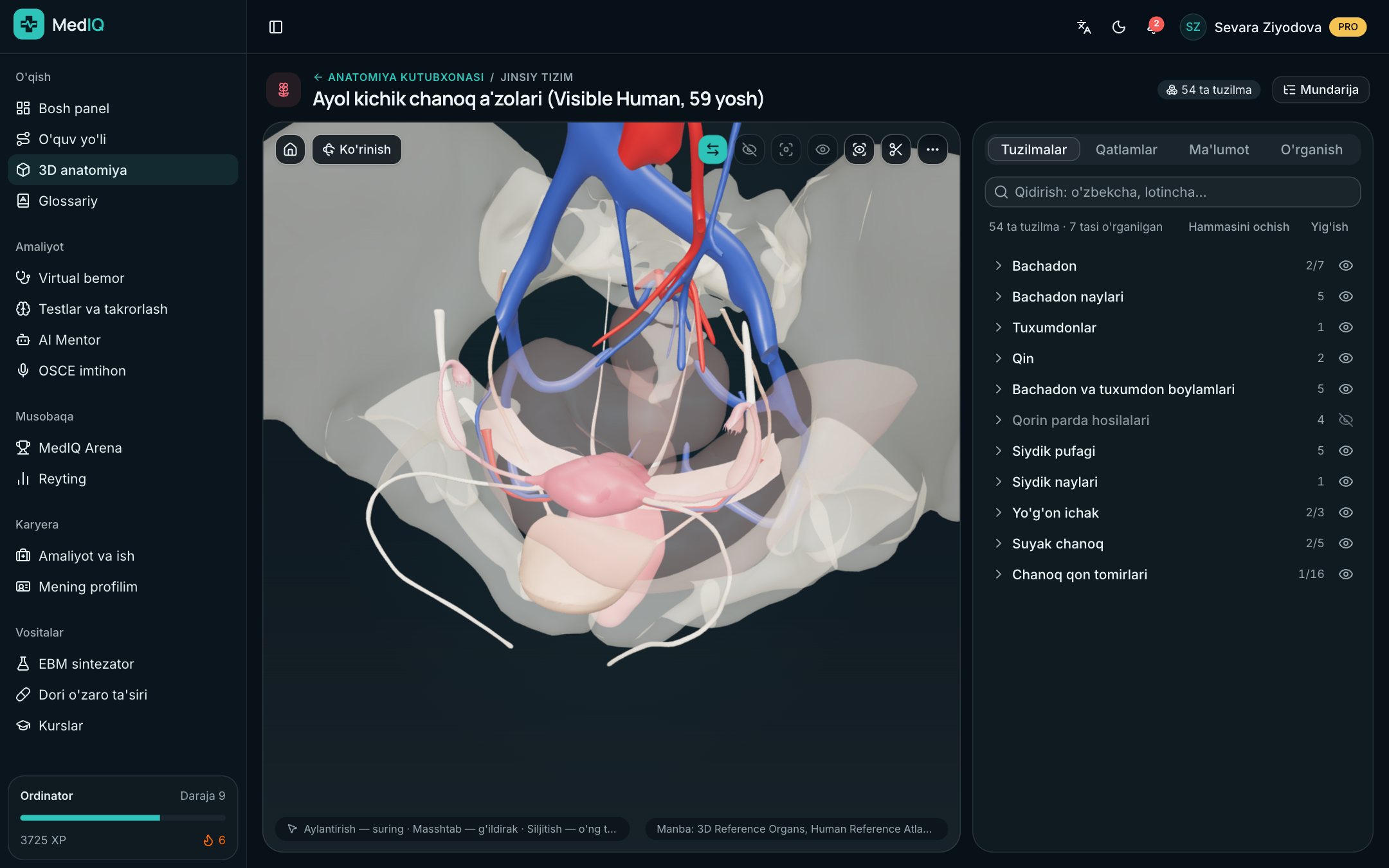 MedIQ ilovasi ekrani: Real anatomik modellar — qatlam-qatlam