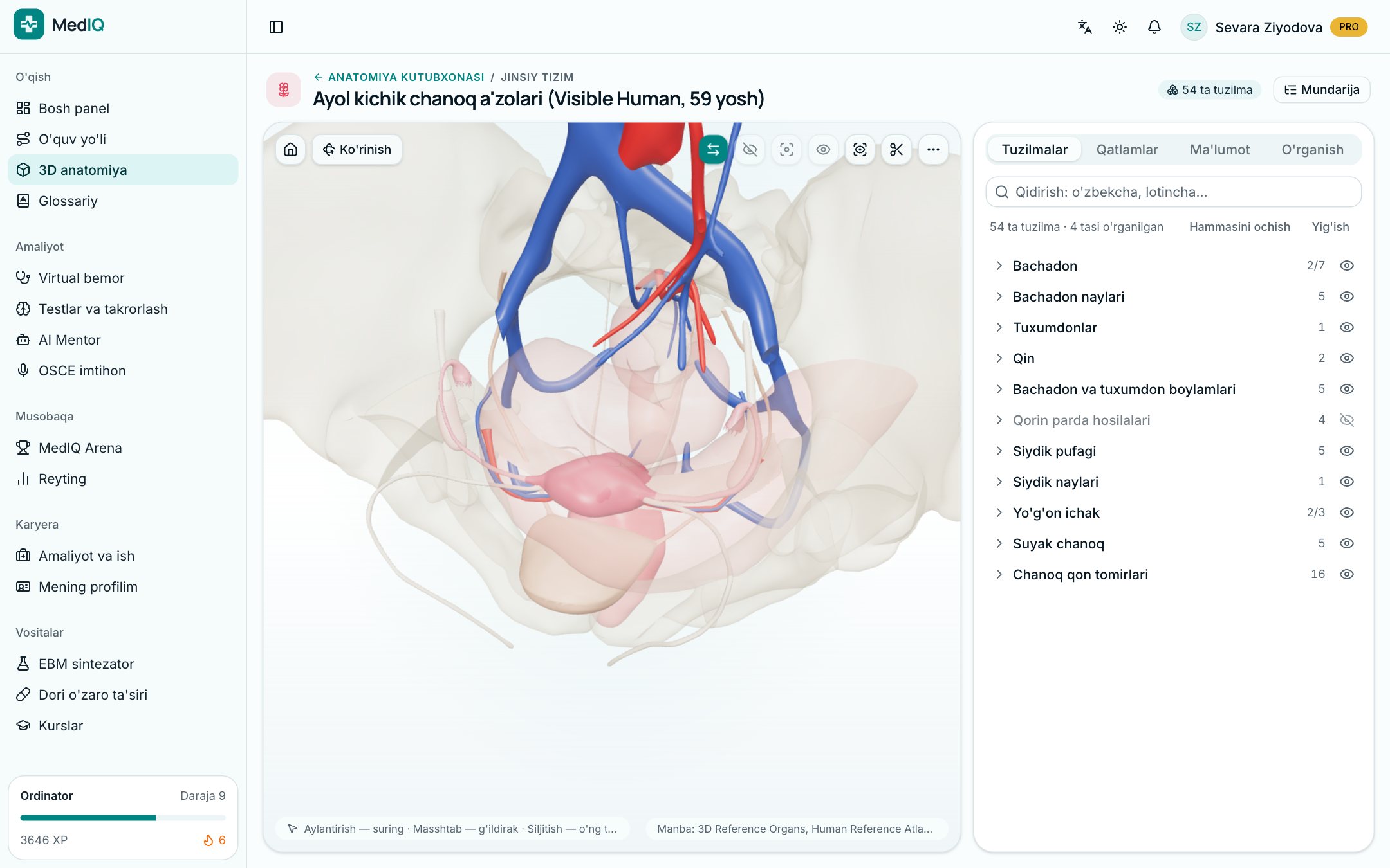 MedIQ ilovasi ekrani: Real anatomik modellar — qatlam-qatlam