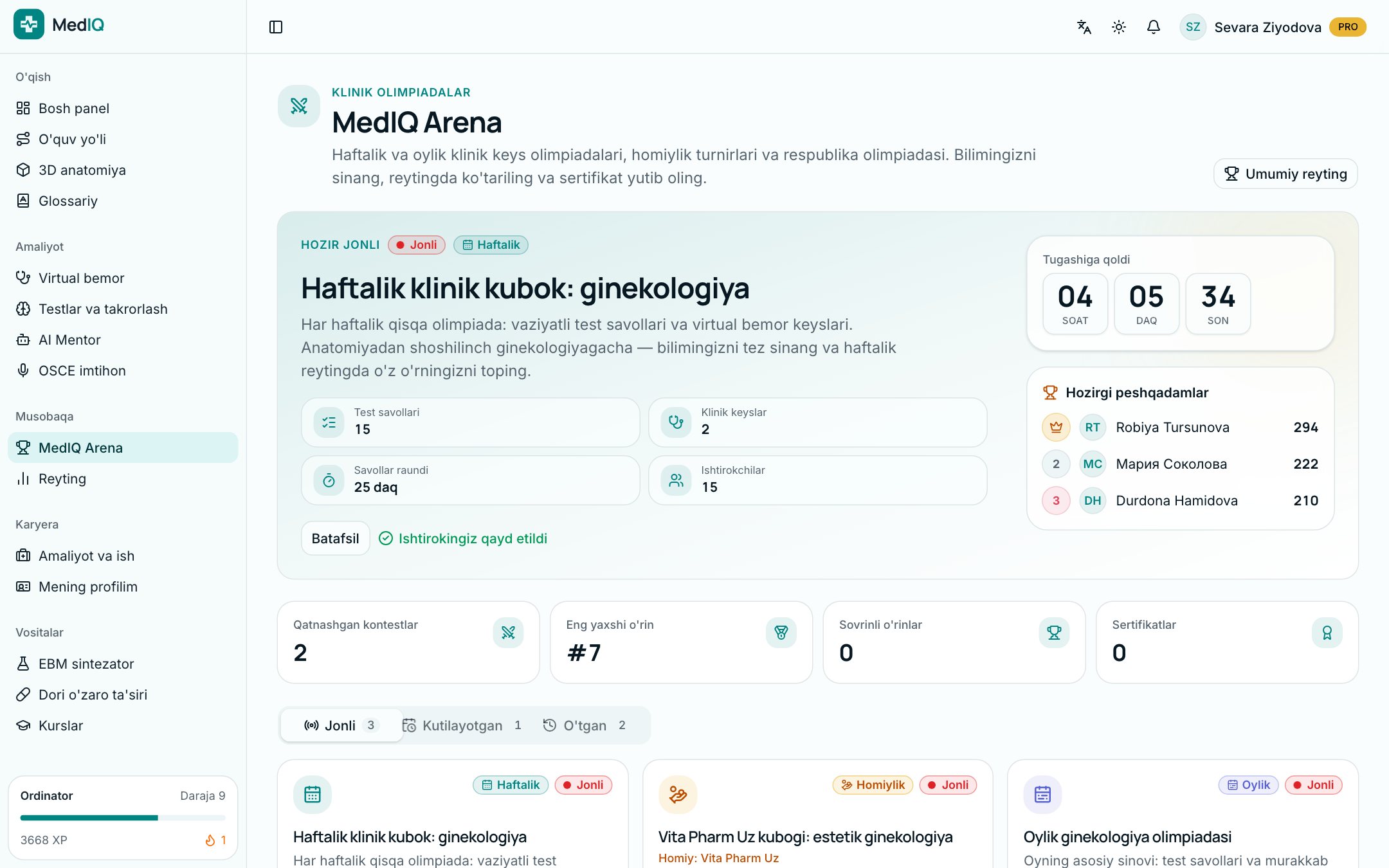 MedIQ ilovasi ekrani: Haftalik olimpiadalar va reyting