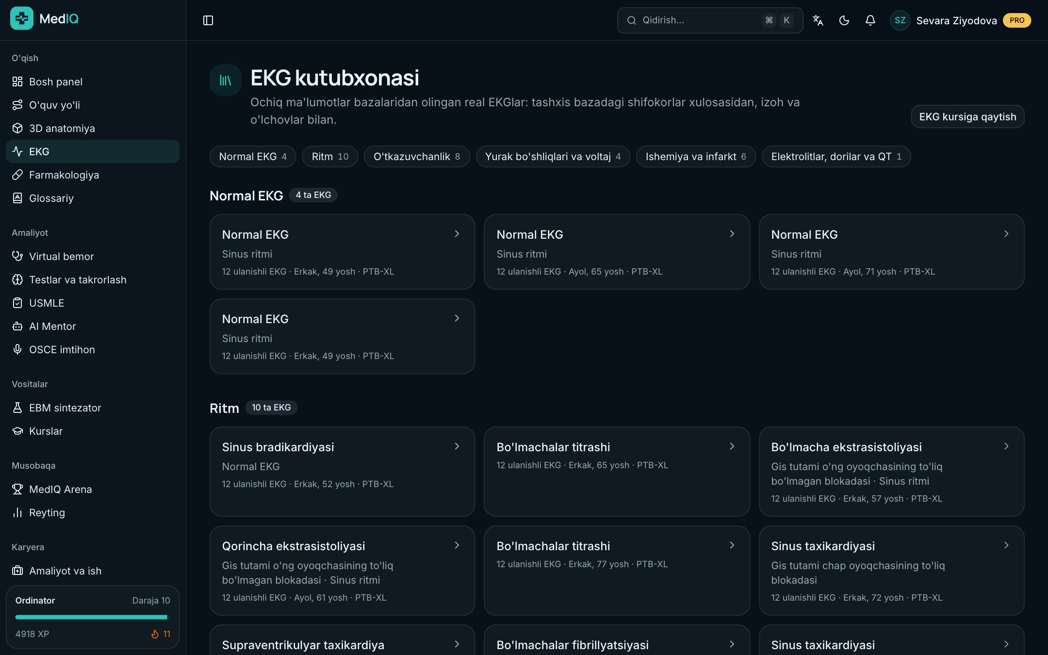 EKG kutubxonasi — MedIQ EKG kursi ekrani