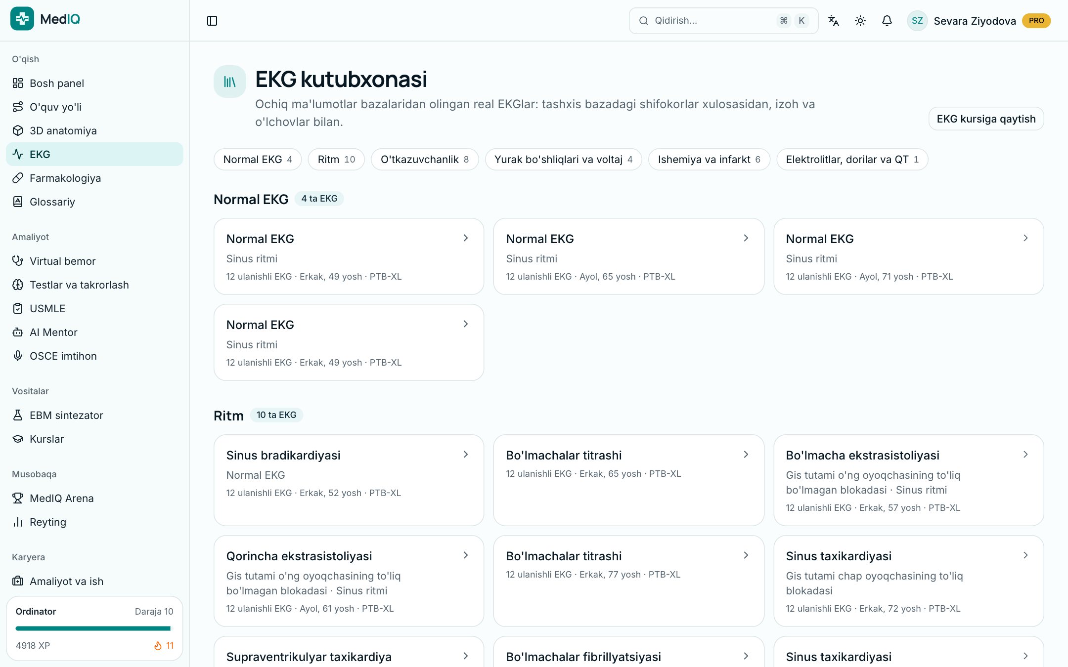 EKG kutubxonasi — MedIQ EKG kursi ekrani