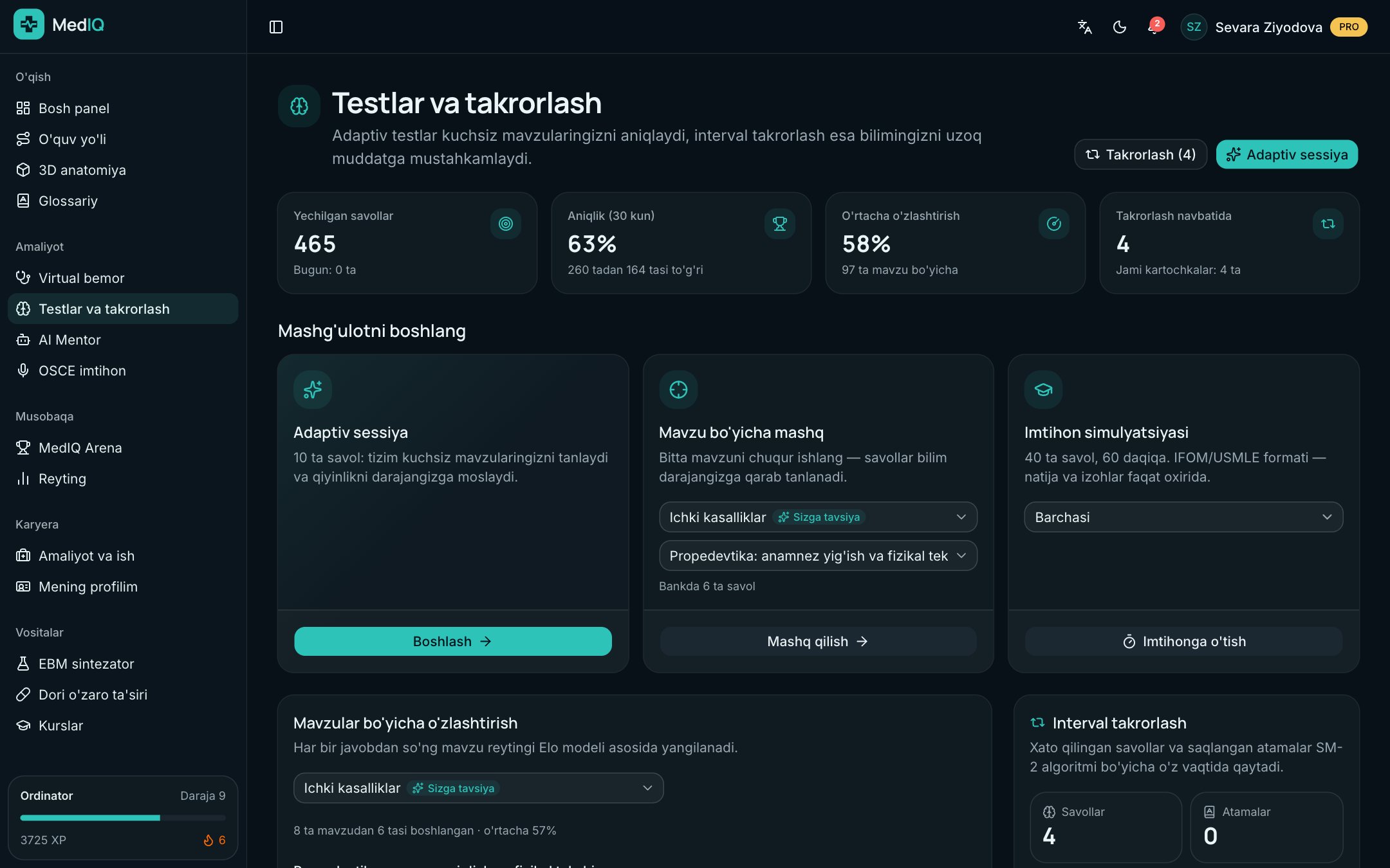 MedIQ ilovasi ekrani: Kuchsiz mavzularni topadi va mustahkamlaydi