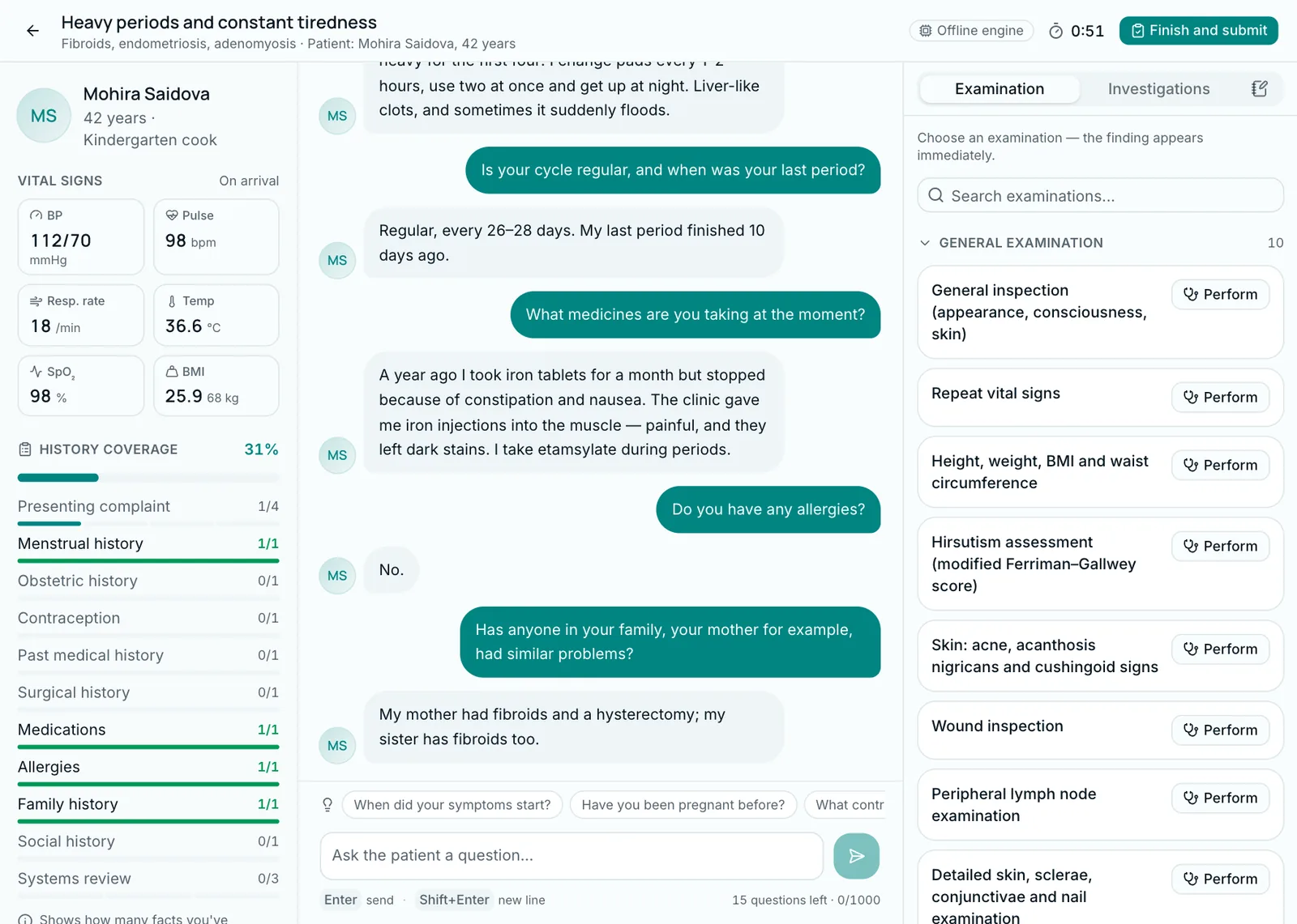 Chat with a virtual patient and the history coverage panel