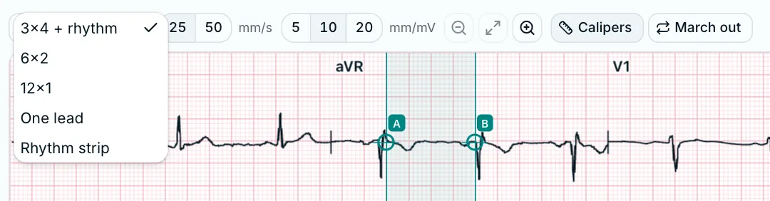 ECG viewer toolbar with the Layout list open